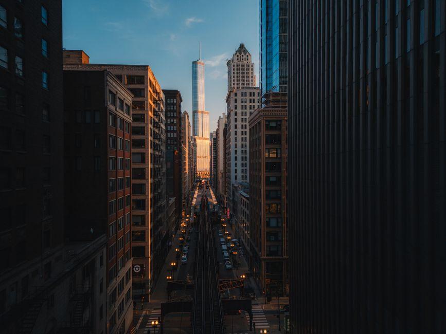 Sunset in Downtown Chicago Skyscrapers