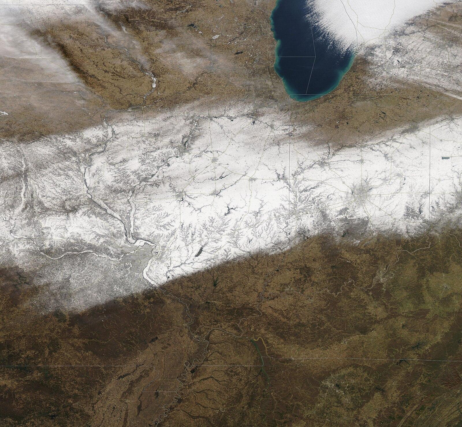 Snow in the Midwestern United States (MODIS 2019 12 21)
